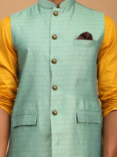 Vastramay Men's Green Jacquard Nehru Jacket with Kurta Pyjama Set